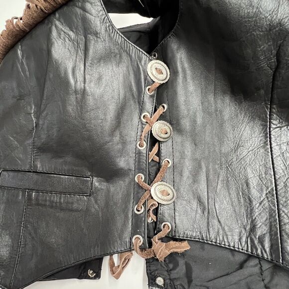 Leather King Women’s Black Leather Brown Fringe Side Lace Up Conchos Vest XL - Picture 9 of 9
